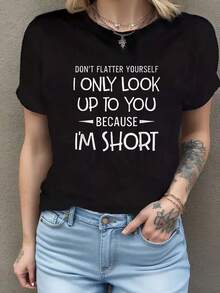 No te hagas ilusiones,írate a ti porque soy bajita. Camiseta de cuello redondo de moda para mujer. Camiseta de manga corta de algodón de 220 g, impresión por una cara - Negro - Ver 7