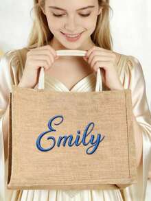 Customized Embroidered Linen Wedding Bag, Personalized Linen Bag, Customized Bridesmaid Gift Bag, Bachelorette Party Gift, Beach Tote Bag, Customized Gift, Student Item Bag, Foldable, Casual Style - Multicolor - View 6