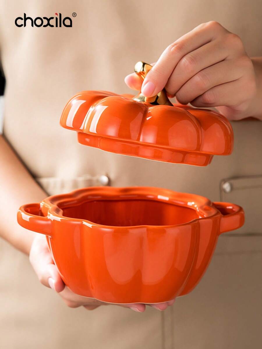 1 st pumpaformad keramisk skål med lock - Lämplig för soppa, gryta, sallad, dessert, kök och matsal - Pumpasoppa i skål - Visa 1