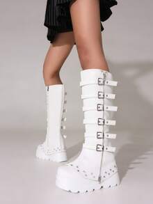 Goth Knee High Boots For Women Y2K Round Toe Wedge Heel Boot Platform Booties Punk Buckle With Side Zipper Dress Party Fashion Halloween Combat Boots Women - 白色 - 查看 3