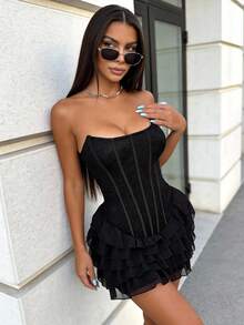 Đầm mini ôm sát gợi cảm không dây vai bằng ren của Vexica dành cho nữ, thiết kế xếp tầng eo, hở lưng, thích hợp cho tiệc tùng, hẹn hò, trà chiều và dạo phố thường ngày. - màu đen - Xem 4