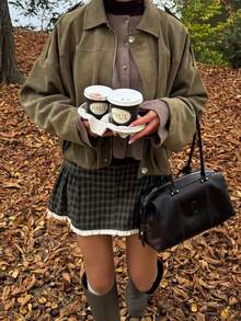 Plus Size Jacket With Batwing Sleeves, Zipper, Silver Buttons, Pleated Hem, Women's Fashion Soft Fabric Long Sleeve Street Style Loose Fit Lightweight Jacket For Spring & Autumn - Army Green - View 5