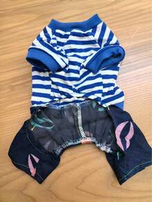 Spring/Summer New Pet Dog/Cat Clothes, Poodle, Bichon Frise, Teddy, Ragdoll Cat, Siamese Cat Denim Jeans, Blue Striped T-Shirt, Fashionable Patchwork - Blue - View 5