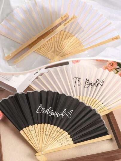 1pc White Bride Heart Print Silk Bamboo Folding Fan, Bamboo Handheld Folding Fan Suitable For Bride, Bachelorette Party, Wedding, Bridal Shower Decor, Bridesmaid Gift, Wedding Decoration, Perfect For Parties And Events