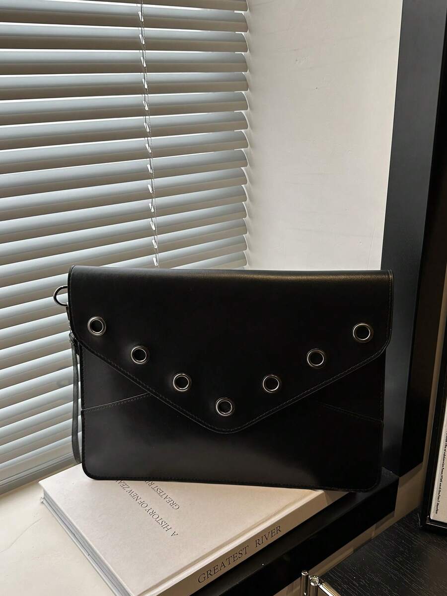 春季新款时尚简约手拿包，休闲通勤信封包，独特铆钉设计小方包，女士款 - 黑色 - 查看 1