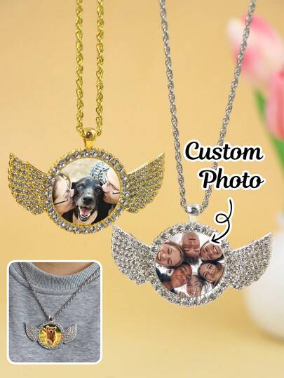 Custom Photo Wing Necklace, Personalized Picture Pendant For Birthday Or Anniversary Gift, Elegant Customized Memory Jewelry For Couples And Loved Ones, Meaningful Customizable Keepsake Necklace For Romantic Surprise And Daily Wear, Valentine's Day