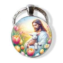 “复活节耶稣钥匙扣 - 2D 平面玻璃时光宝石，带有复活蛋和羔羊图案，复活节基督教宗教礼物，他已复活纪念品” - 彩色 - 查看 8