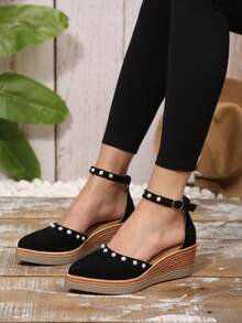 Women's Casual Pearl Pointed Toe Wedge Sandals, Breathable Fabric Upper, High Heel & Cushioned PU Sole, Comfortable Buckle Closure, Fashion Summer Shoes - Black - View 1