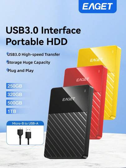 EAGET Bärbar hårddisk Elegant USB 3.0 extern lagring 1T/500GB/320GB/250GB extern hårddisk kompatibel med PC, kamera - hållbar finish Hög hastighet prestanda (svart, gul, röd)
