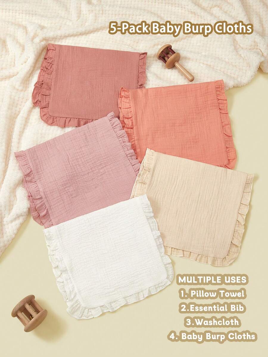 5pcs Baby Muslin Feeding Burp Cloths, Ruffled Pink Baby Pillow Case, Face Towel, Bib, Spring/Summer New Gift Set - Multicolor - View 1