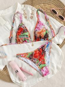 Bộ bikini dây đeo điều chỉnh được họa tiết hoa đỏ mới, thích hợp cho kỳ nghỉ hè ở bãi biển, trang phục thường ngày gợi cảm cho các bữa tiệc bãi biển, đồ bơi nữ, quần áo đi biển, trang phục nghỉ lễ cho nữ, trang phục ngày Valentine, quần áo mùa hè, trang phục ngày Valentine cho nữ, mùa hè, mùa xuân, thanh lịch, kỳ nghỉ, thường ngày, họa tiết hoa. - Đỏ - Xem 2