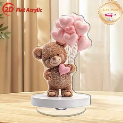 2D平面旋转亚克力泰迪熊，配有粉色心形气球 - 可爱的棕色毛绒动物雕像，适用于家居和办公室装饰，无需用电，室内/室外均可使用，办公室装饰，趣味设计，2D平面