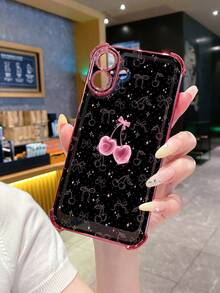 1pc Bowknot Cherry Shockproof Electroplated Camera Protective Phone Case, UV Printed Compatible With IPhone/ Compatible With Galaxy/Compatible With Infinix/Compatible With Redmi/Compatible With OPPO/Compatible With VIVO/Compatible With Realme,International Version, Not The Domestic Version - Pink - View 6