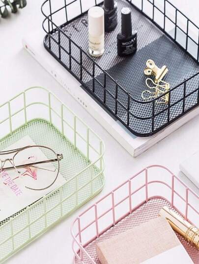 4pcs Cream-Color Iron Wire Storage Baskets, Organizer Boxes For Miscellaneous Items And Stationery. Multiple Set And Color Combinations Available. Multifunctional Desktop Storage Baskets Suitable For Office And Study Supplies, With Pen Holder.