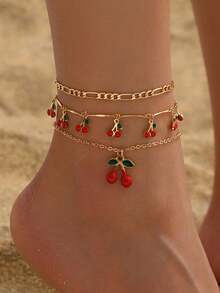 3pcs/Set Sweet Cherry Pendant Anklet, Cute Cherry Tassel Foot Jewelry Fashion Anklet Set, Suitable For Daily Wear, Beach Party, Dating - Multicolor - View 5