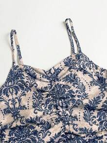 女士度假植物印花荷叶边褶皱吊带连衣裙，夏季优雅 - 藍色 - 查看 6