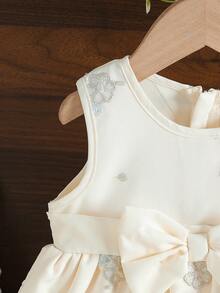 Đầm công chúa dáng chữ A không tay cổ tròn, nơ 3D phía sau, khóa kéo nửa thân cho bé gái, kiểu dáng thời trang đa năng, thích hợp làm quà sinh nhật cho bé gái, mùa xuân/hè, phù hợp cho tiệc tùng, họp mặt và mặc hàng ngày. - Màu be - Xem 5