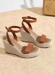 Women's Espadrille Wooden Heeled Wedge 4.17-Inch Platform Sandals Open Toe Adjustable Buckle Ankle Strap Comfortable Fashion Dressy Summer Shoes - 棕色 - 查看 1