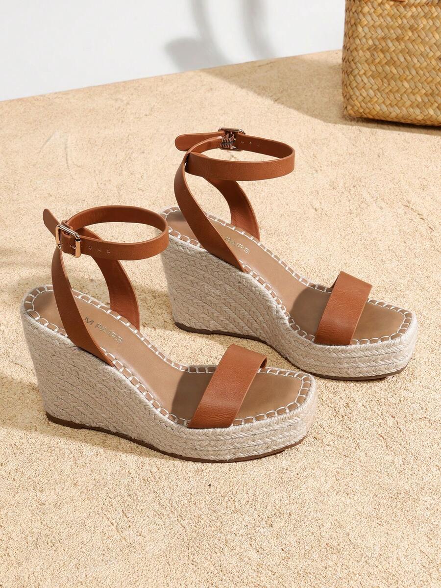 Women's Espadrille Wooden Heeled Wedge 4.17-Inch Platform Sandals Open Toe Adjustable Buckle Ankle Strap Comfortable Fashion Dressy Summer Shoes - 棕色 - 查看 1