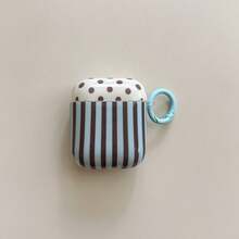 Minimalist Contrast Blue & Brown Striped Polka Dot Earphone Case With Hanging Loop, Suitable For AirPods Pro 2, Cute Apple 4, Minimalist 3 New Version 1/2, Women - Blue-brown - View 6