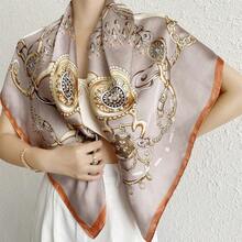 90 Simulated Silk Satin Scarf Silk Scarf Large Square Scarf Women's Autumn And Winter New Versatile Foreign Fashion Thin Shawl - 18#腰果雙拼橘色 - 查看 4