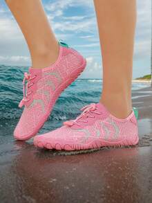 1 Pair Unisex Breathable Striped Print Mesh Casual Shoes, Lace-Up Low-Top Barefoot Shoes, Rubber Outsole Outdoor Couple Cycling Shoes, Suitable For Indoor Running, Yoga, Jumping Rope, Outdoor Vacation, Beach, Water Sports - Pink - View 6