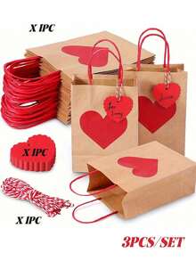 15/30个装心形牛皮纸礼品袋，带红色提手 - 10个装，适用于购物、派对、婚礼、学校活动、感恩节、生日和各种庆祝活动，可作礼品袋，节日设计，结实提手 - 彩色 - 查看 14