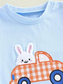 2Pcs Toddler Baby Boy Summer Clothes Infant Easter Outfits Embroidery Bunny Short Sleeve T Shirts And Gingham Shorts Sets - Blue - View 5