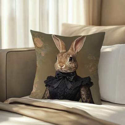 1pc Unique Black Skirt Rabbit Design Pillow Cover,Double-Sided Printing, Soft Polyester Fiber, Machine Washable Sofa, Bed, Living Room Decoration Cushion Cover - Traditional Style And Contrasting Patterns, Easter Decoration (Excluding Pillow Core)