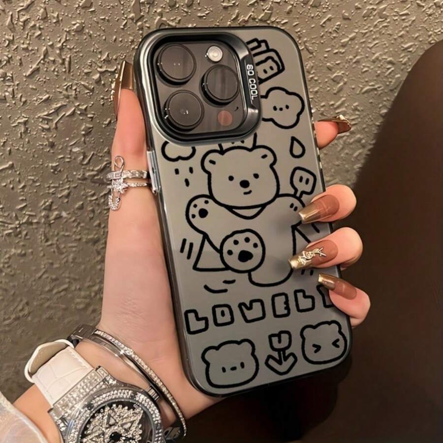 Cute Bear Pattern Soft Phone Case It Is Compatible With IPhone 17/16/15/14/13/12/30 Pro Max/Pro/Plus Models. It Features A Stylish And Minimalist Design And Provides Shockproof And Abrasion-Resistant Protection. - Black - View 1