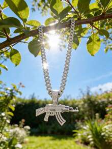 镶满钻石的链AK-47步枪吊坠项链，闪亮粗链项链，男士嘻哈街头风 - 槍吊墜項鍊 - 查看 7