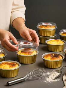 20pcs 2-Inch Mini Basque Mold With Lid, Cheesecake Baking Tray, Caramel Pudding, Heat-Resistant Tin Foil Packaging Box - Gold - View 5
