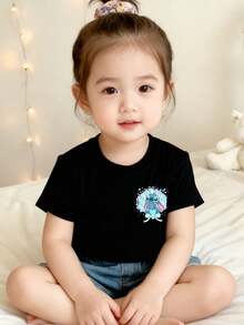 Disney Lilo & Stitch Girls' Short Sleeve T-Shirt, Black Base Front & Back Print Top, Dreamy Bow Sweet & Cool Versatile Kids' Wear - 黑色 - 查看 2