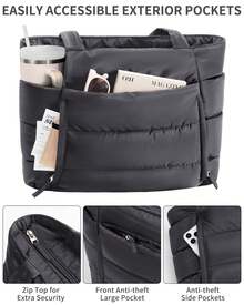 Puffer Tote Bag For Women, Lightweight Puffy Work Handbag Teacher Nurse Quilted Shoulder Bag For School Travel Gym - Charcoal Grey - 查看 4