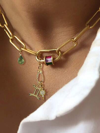 1pc Unique Women's Necklace With Colorful Rings, Green Pendant, Lobster Clasp, Zodiac Pendant And Octagonal Star Pendant Design, Minimalist And Elegant, A Thoughtful Gift