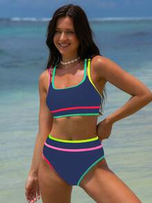 popvil Colorblock Sports Bra & Bikini Set, Summer Vacation - Navy Blue - View 5