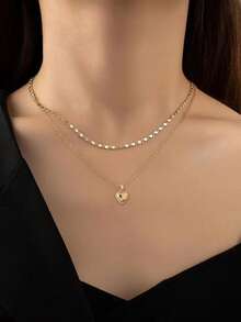 Set de 2 collares con colgante en forma de corazón con circonita cúbica y cadena aplanada de cobre como regalo del Día de San Valentín - Amarillo Oro - Ver 1