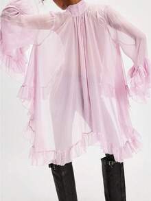 Women Y2K Long Bell Sleeve Frill Top V Neck See Through Sheer Mesh Blouse High Low Hem Ruffled Flowy Tops Loose Fit Poncho Capes Tops Going Out - 粉色 - 查看 3