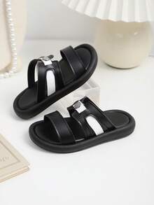 1 Pair Kids Open Toe Anti-Slip Beach Sandals, Children Casual White Bottom Classic Soft Bottom Leisure Slippers, Versatile Toddler Walking Sandals - Black - View 4