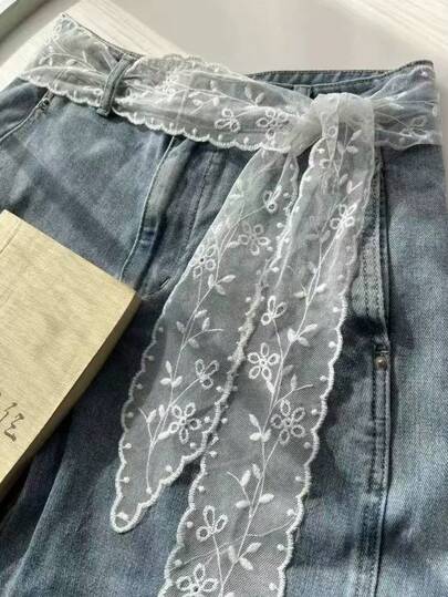 1pc White Lace Embroidered Belt | Sweet Floral Mesh Waist Belt Suitable For Denim Skirts | Decorative Self-Tie Bow Waist Belt