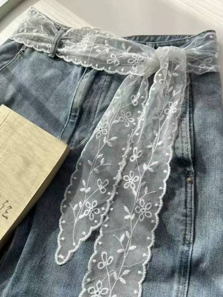 1pc White Lace Embroidered Belt | Sweet Floral Mesh Waist Belt Suitable For Denim Skirts | Decorative Self-Tie Bow Waist Belt - A - View 1