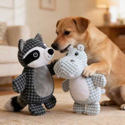 浣熊和河马毛绒狗狗玩具，带声音，互动玩具，适合小型、中型和大型犬，耐用耐咬，适合幼犬磨牙和缓解无聊。