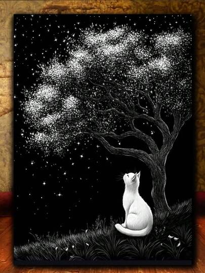 The White Cat Looks Up At The Tree 5D Diamond Painting Kits For Adults, Diamond Art Diamond Painting Full Drill Crystal Rhinestone Embroidery Craft Kits For Home Wall Decor Gifts
