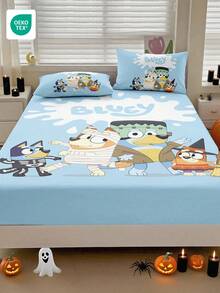 Bluey 万圣节数码印花床单，床上用品，床垫保护套，床罩，床笠，舒适家纺，透气防起球床垫保护套，柔软亲肤，万圣节角色扮演，卡通图案床罩 - 彩色 - 查看 10