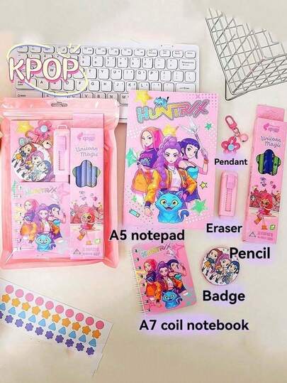 طقم قرطاسية فتاة سحرية صياد، يشمل دبوس، دفتر، ممحاة، قلم رصاص، بأسلوب فرقة البوب الكورية الجديدة، طقم لوازم مدرسية عملية هدية للطلاب