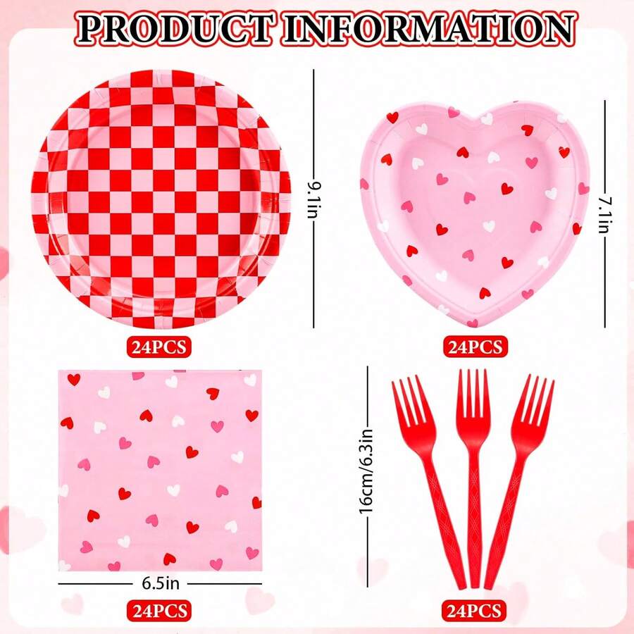 96 Pcs Valentine's Day Tableware Sets Serves 24 Red Pink Heart Plaid Paper Plates Napkins Forks  Dinnerware For Galentine's Day Wedding Anniversary Engagement Partupplies Variant 1 - 沒有任何 - 查看 1