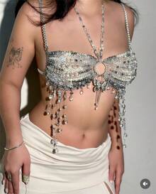 GLOSSMOON Handmade Crystal Beaded Body Chain Bra - Resin Tassel Chest Chain - Boho Beach Party & Rave Jewelry For Women  Moonlit Crystal & Resin Body Chain | Ultimate Mermaidcore Aesthetic | Lightweight Festival Rave Top Jewelry - 白色 - 查看 6