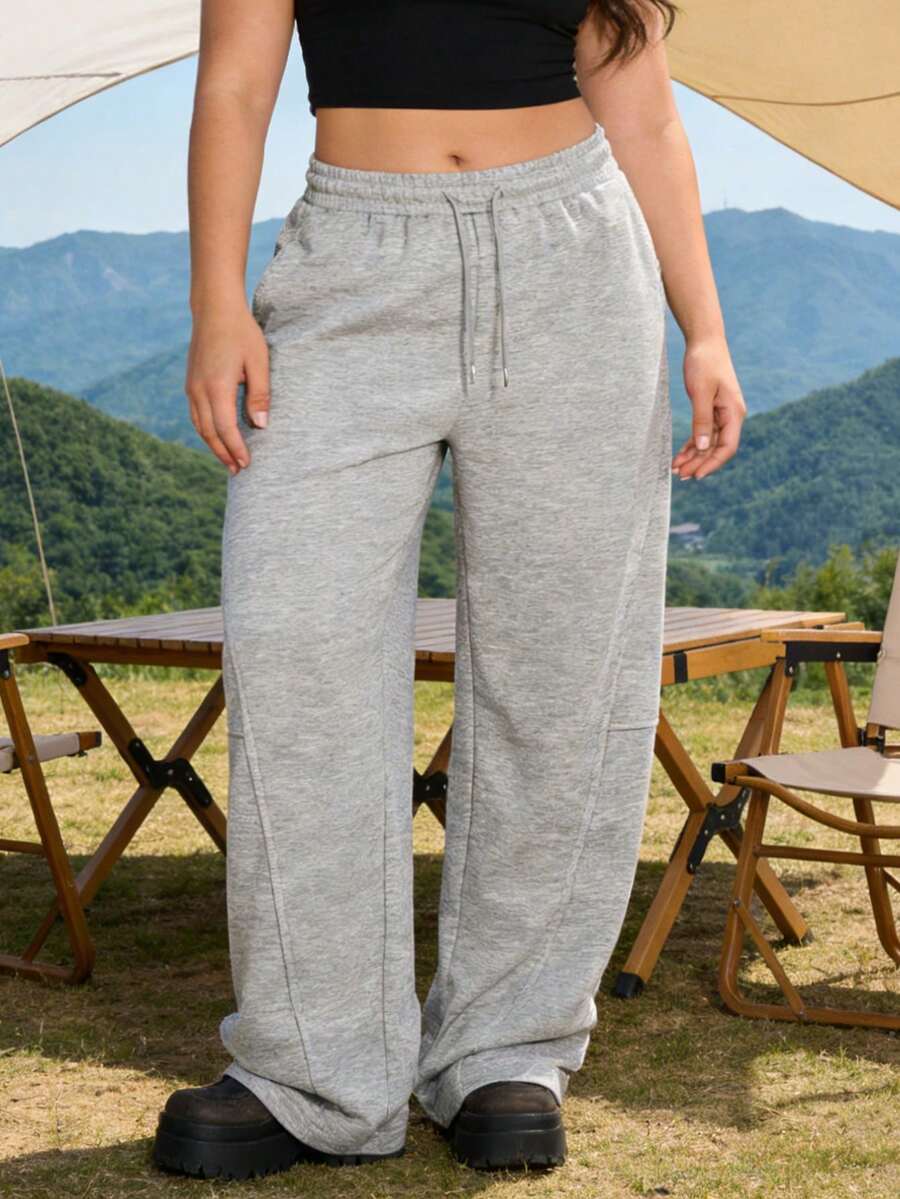 Women's Loose Wide Leg Pants, With Design Details And Drawstring Waist, Casual Style Sweatpants For Daily Wear, Jogging And Other Occasions, Versatile Spring/Summer Item - Grey - View 1