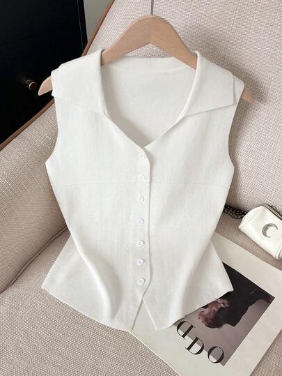 Chaleco de punto sin mangas con cuello vuelto, nuevo para primavera/verano de mujer. Cárdigan ajustado a la cintura de un solo botonadura
