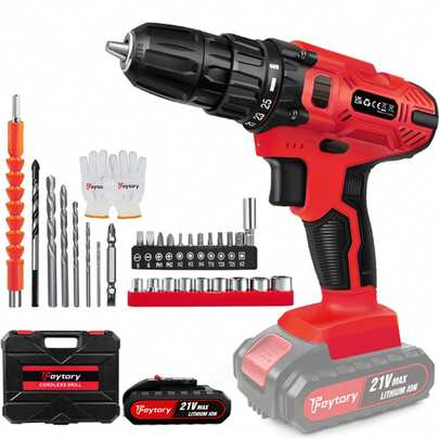 7Sevenjokers Cordless Drill & Screwdriver Set 2-Speed Hammer Drill 25+1 Torque 3/8'' Keyless Chuck With 1x1.5Ah Li-Ion Battery Charger Storage Case Handheld Power Tool For Home DIY Furniture Assembly Wall Drilling